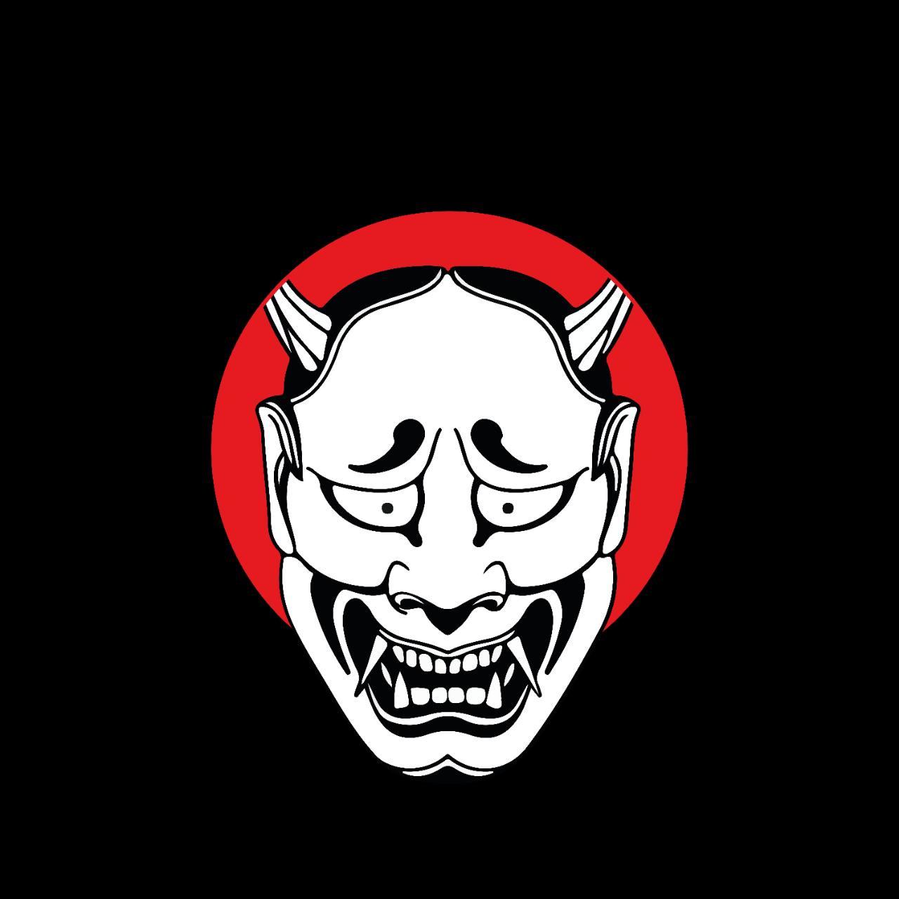 Máscara Oni branca sobre o círculo vermelho da Katon Records